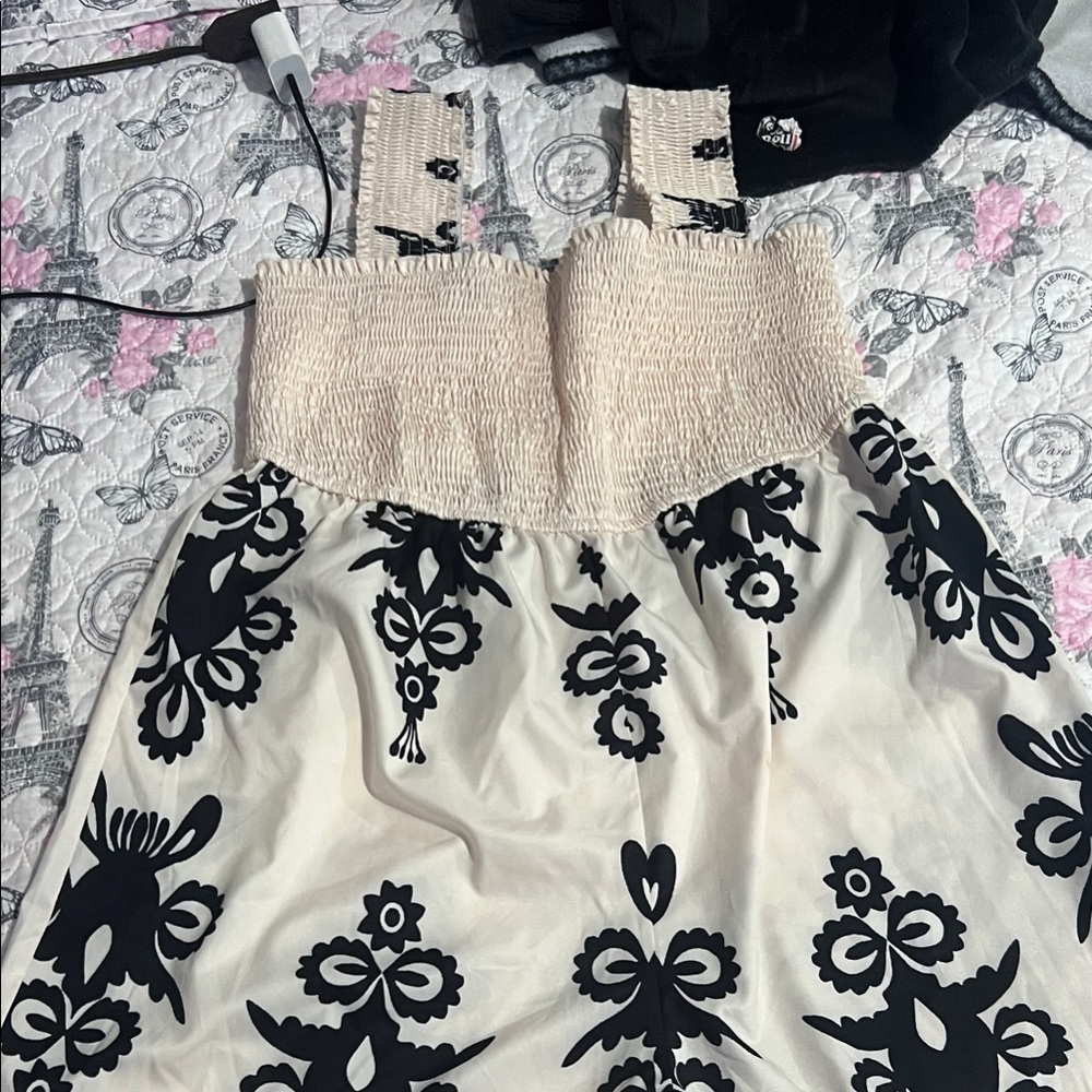 SHEIN Cream & Black Wide Leg Jumpsuit with Smocked Bodice